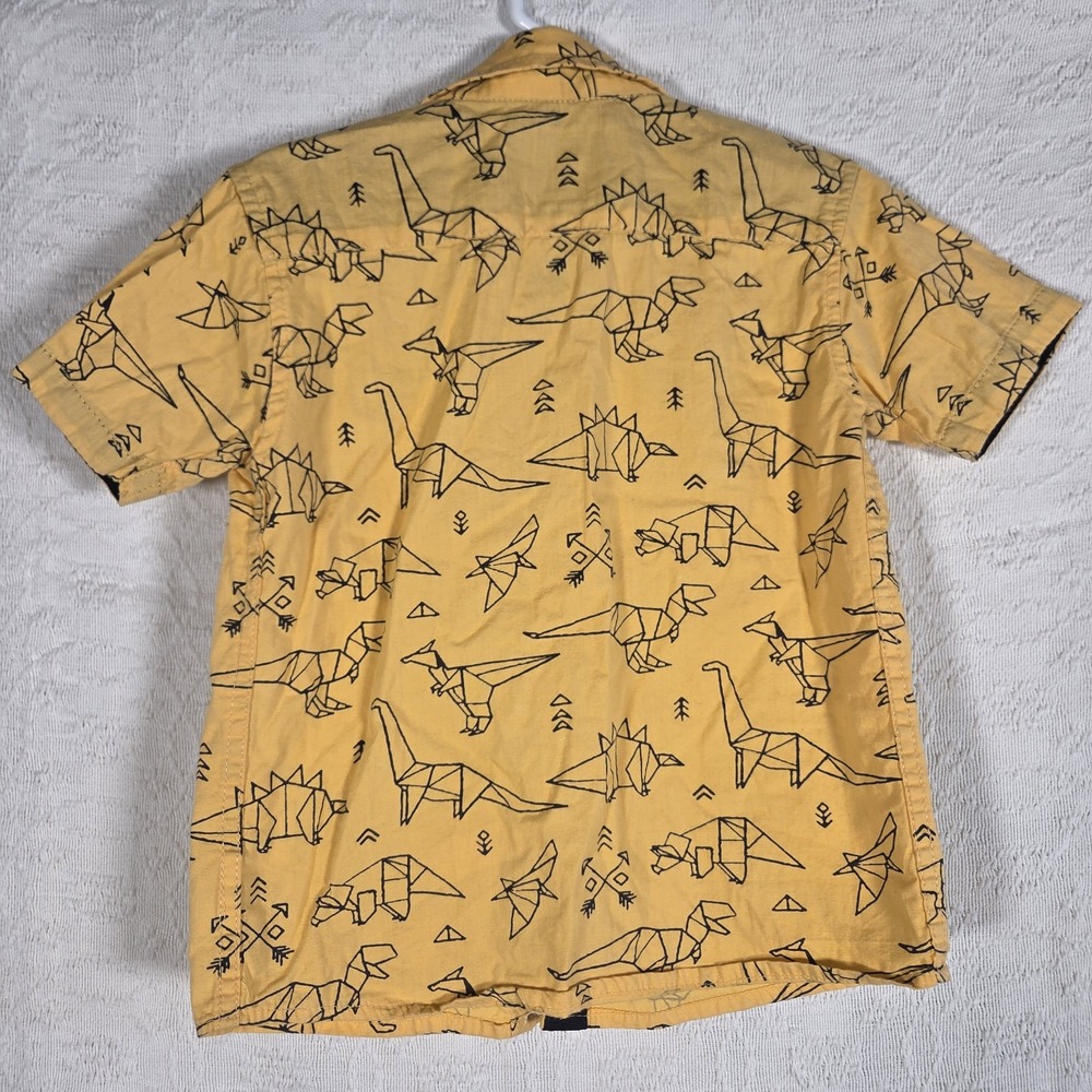 Craft+Flow Origami Dinosaur Shirt Kids 4-5 Mustard Yellow Short Sleeve Button Up - Picture 7 of 8